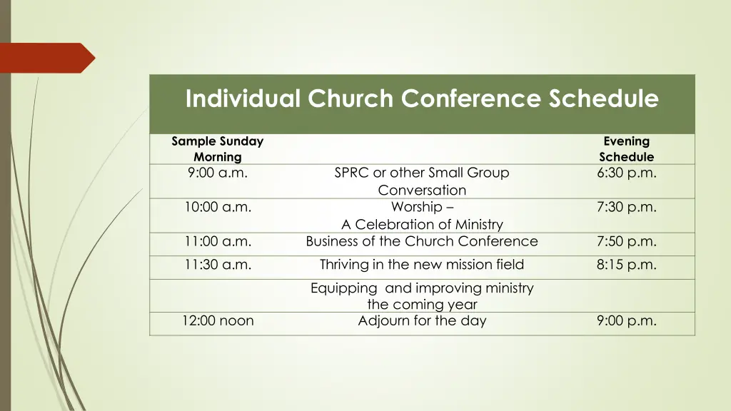 individual church conference schedule