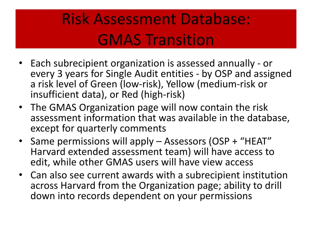 risk assessment database gmas transition