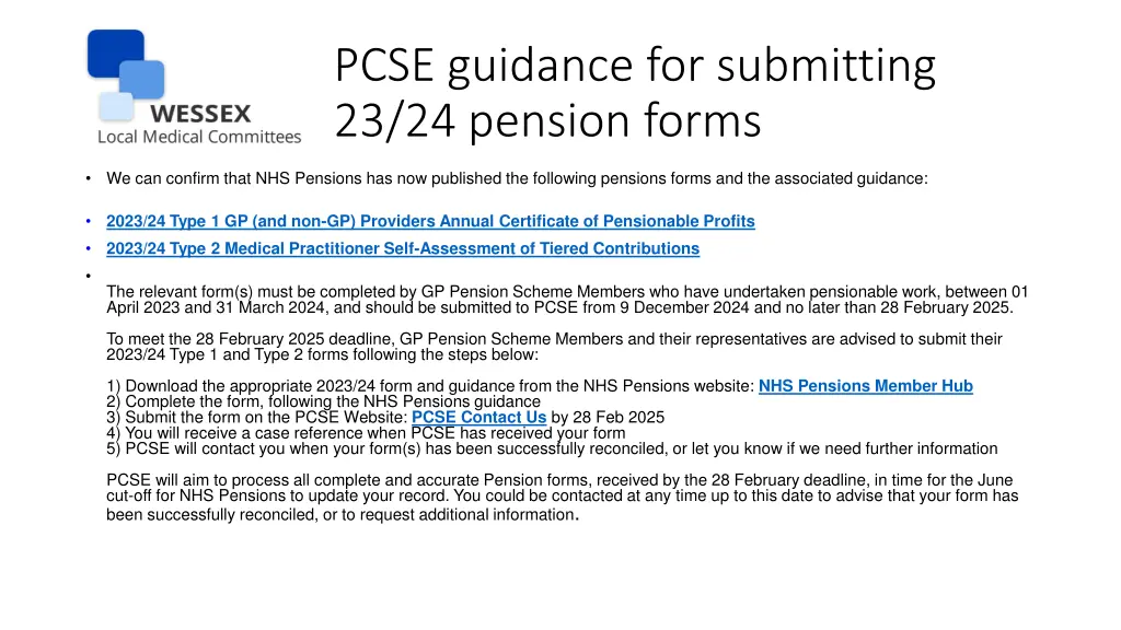 pcse guidance for submitting 23 24 pension forms