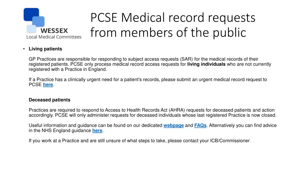 pcse medical record requests from members