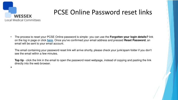 pcse online password reset links