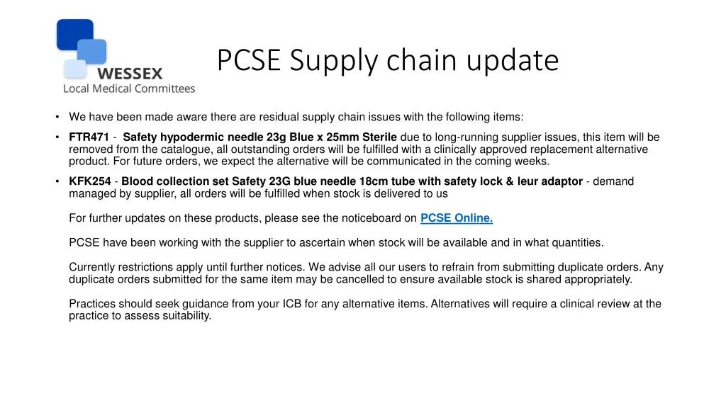 pcse supply chain update