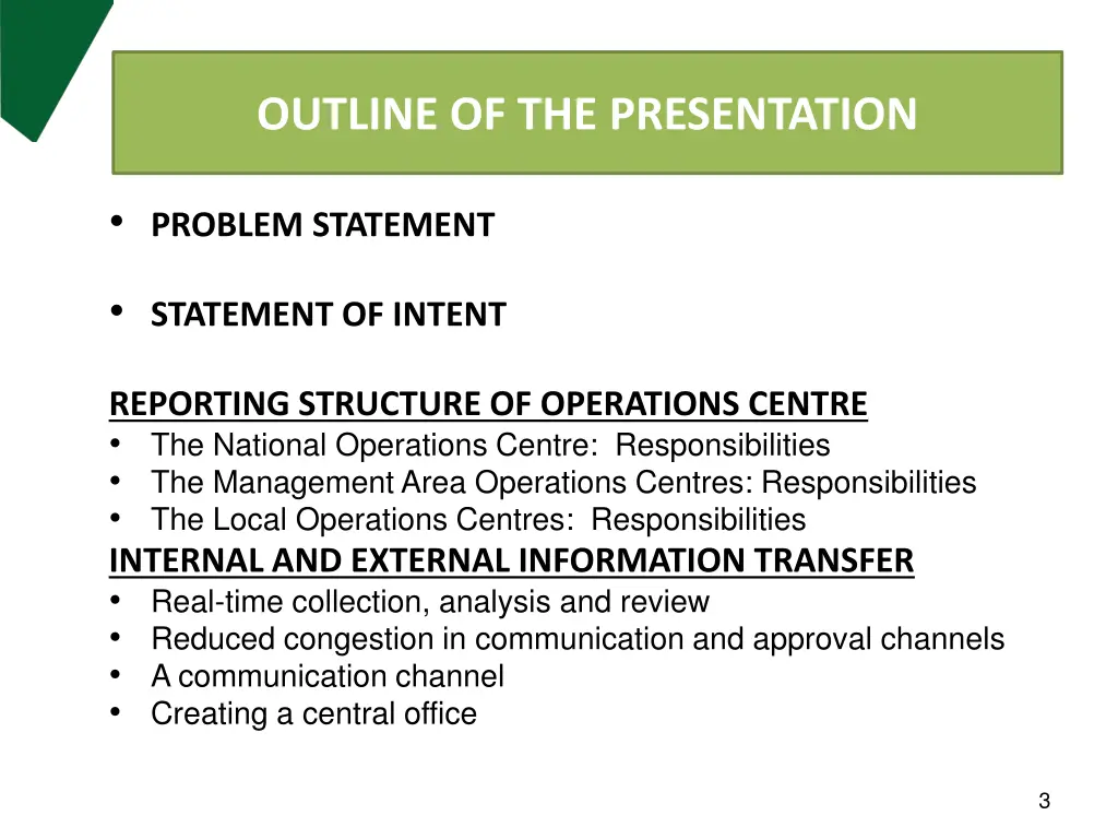 outline of the presentation