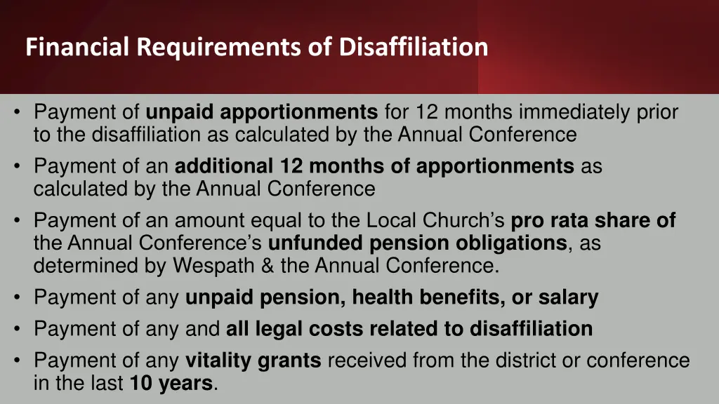 financial requirements of disaffiliation