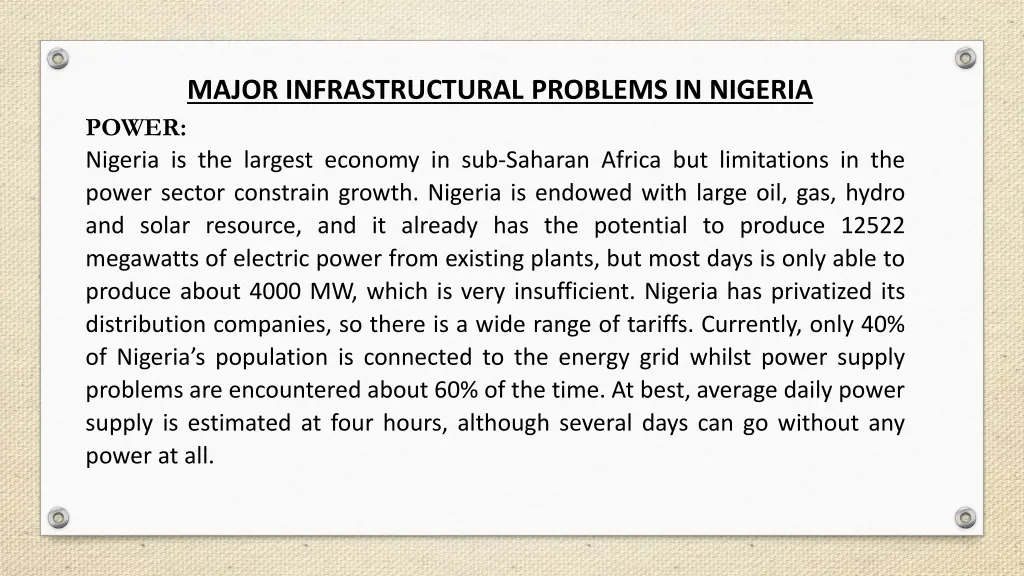 major infrastructural problems in nigeria