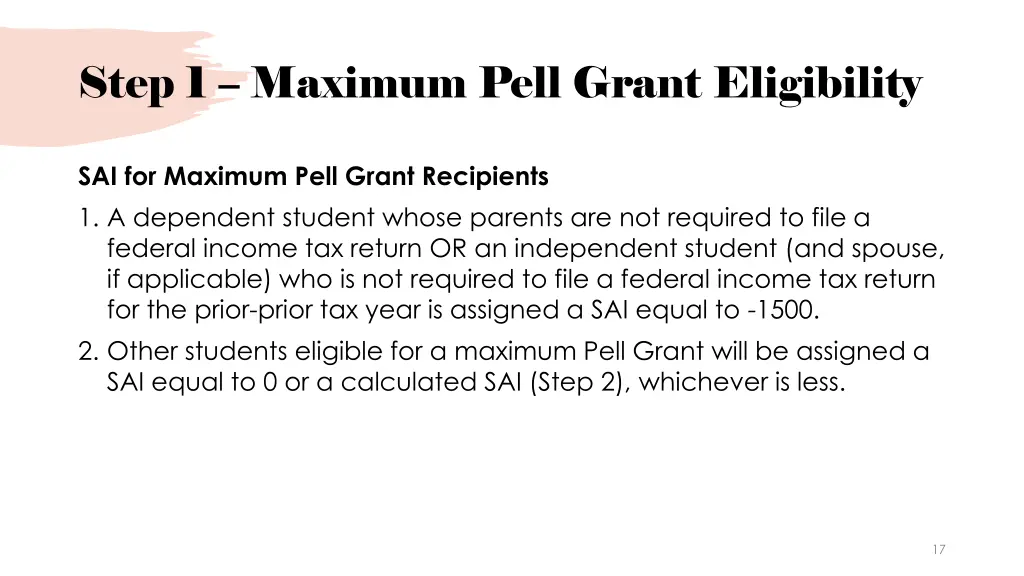 step 1 maximum pell grant eligibility 1