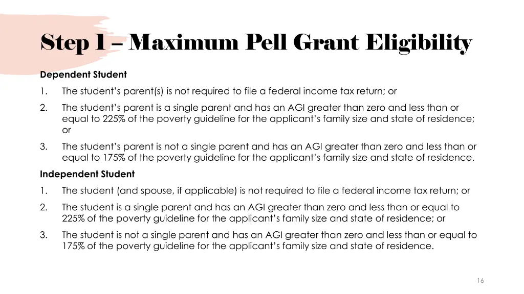 step 1 maximum pell grant eligibility