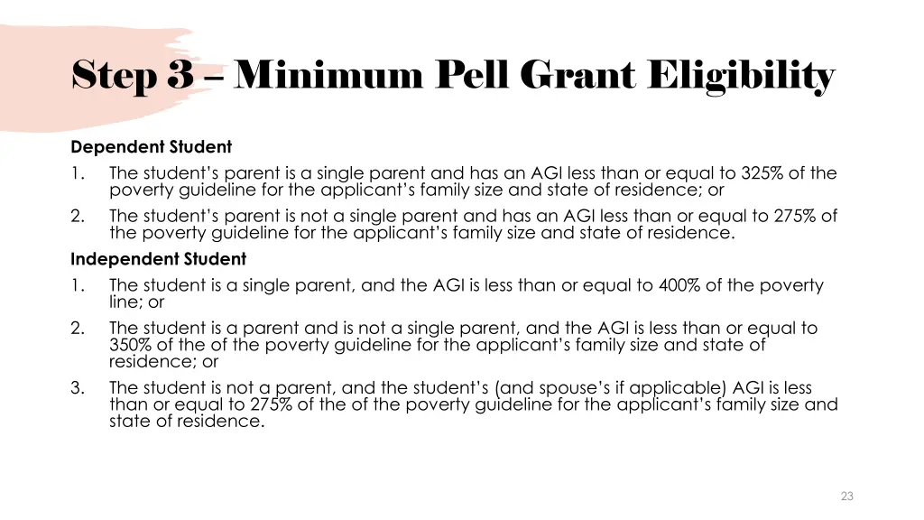 step 3 minimum pell grant eligibility