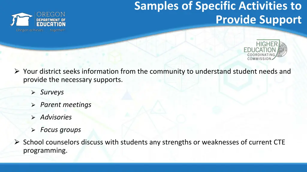 samples of specific activities to provide support