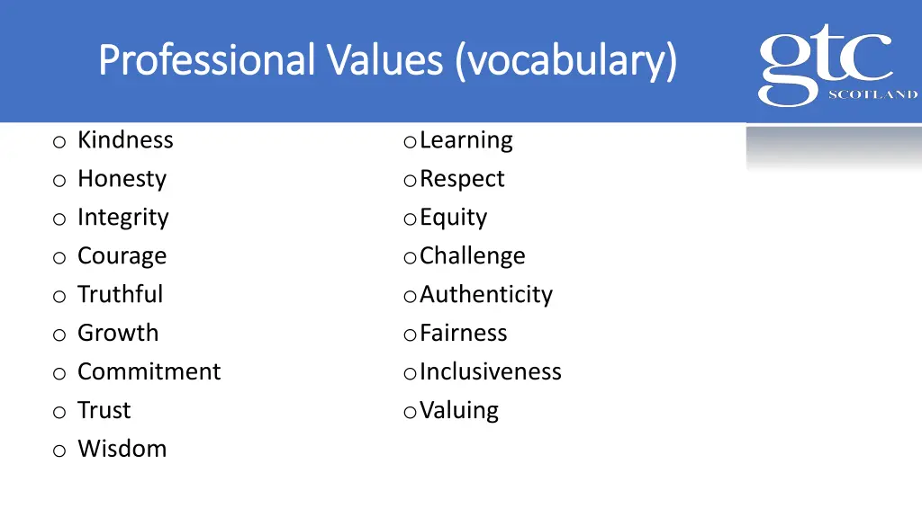 professional values vocabulary professional