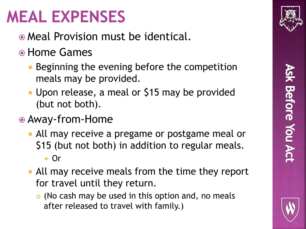 meal expenses meal provision must be identical