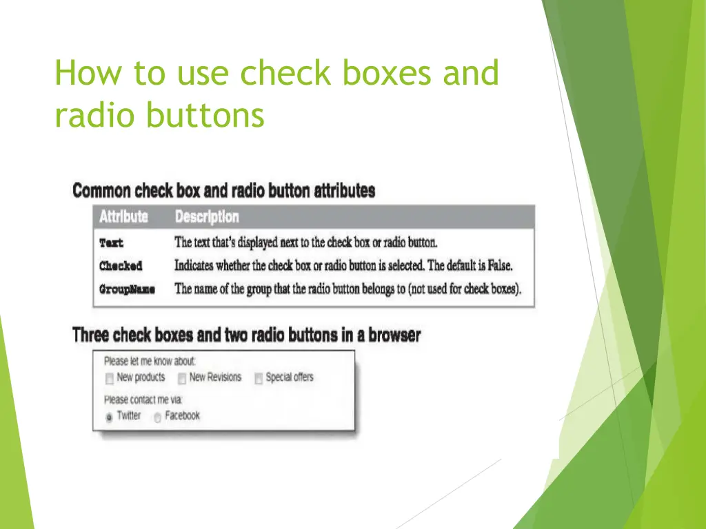 how to use check boxes and radio buttons