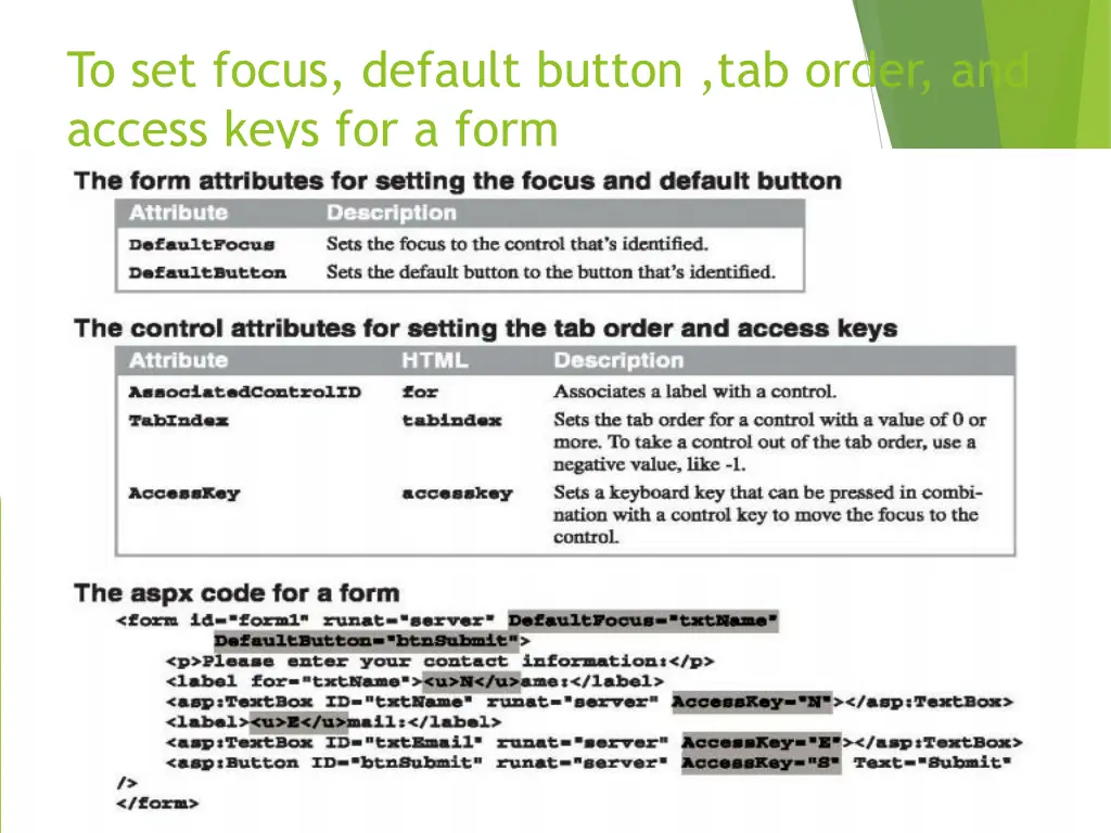 to set focus default button tab order and access
