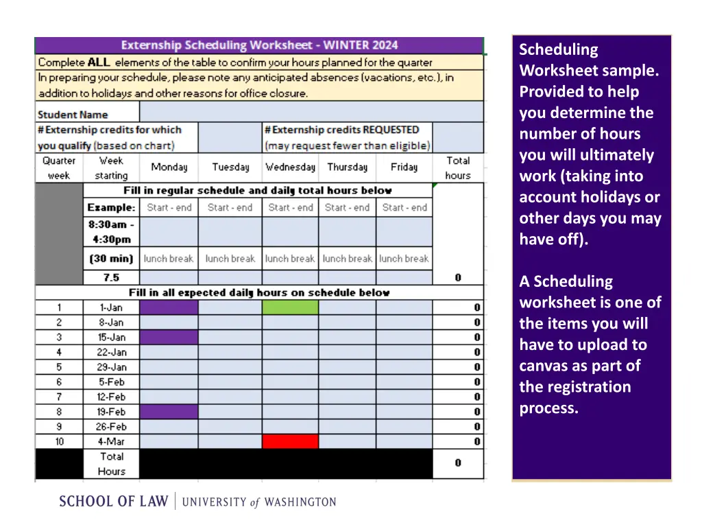 scheduling worksheet sample provided to help