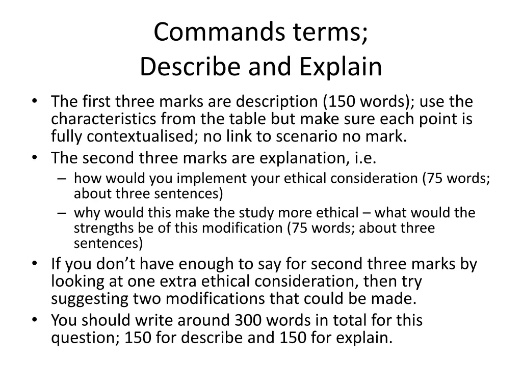 commands terms describe and explain the first