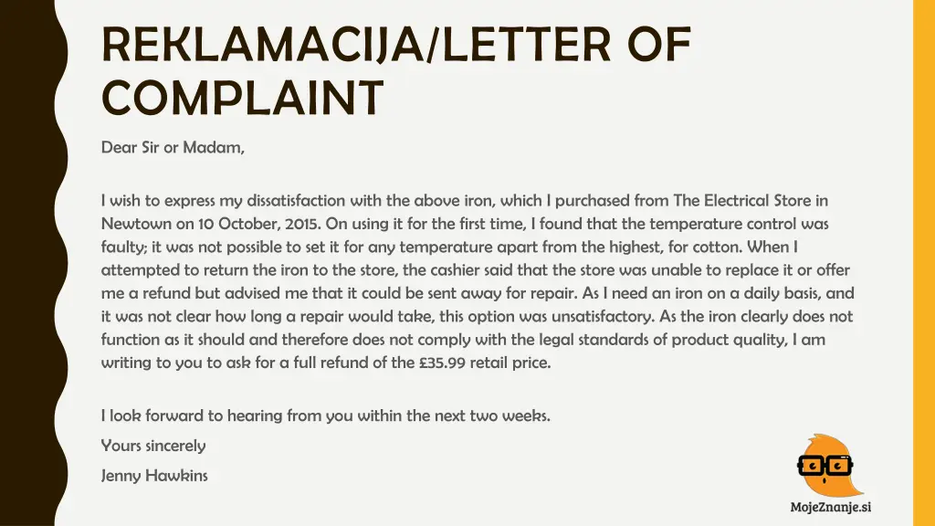 reklamacija letter of complaint