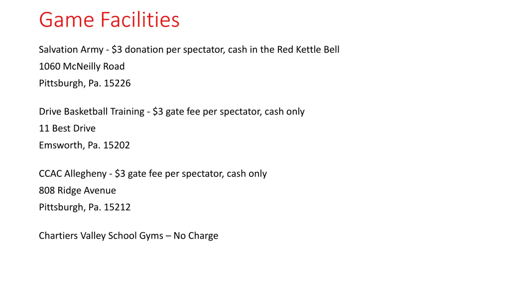 game facilities