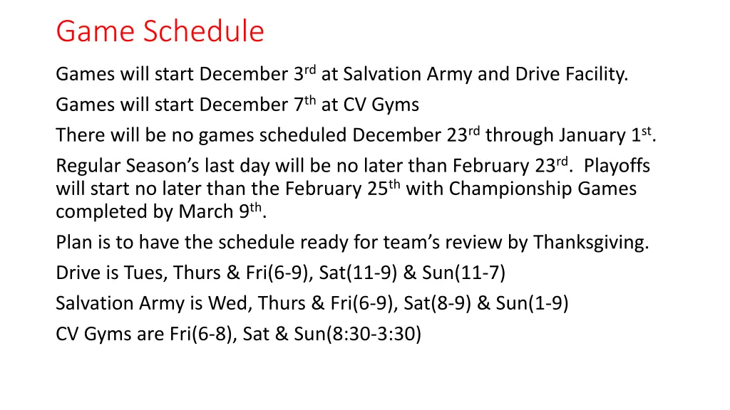 game schedule