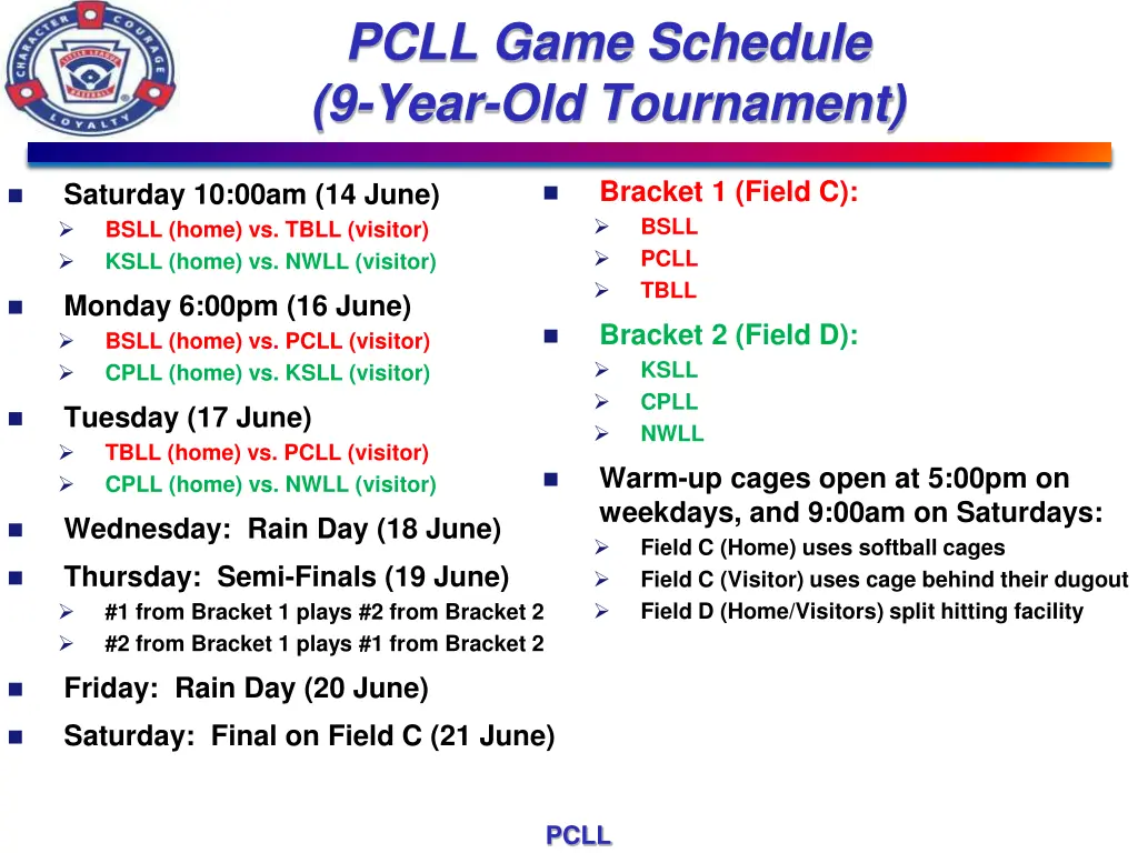 pcll game schedule 9 year old tournament