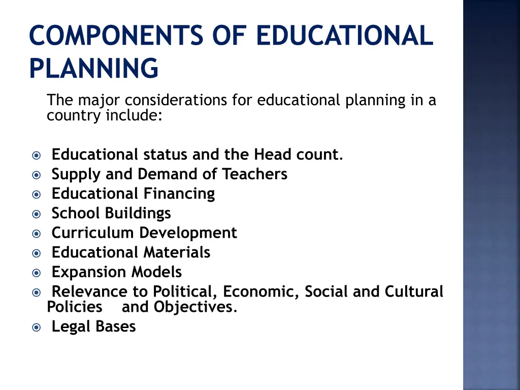 components of educational planning the major