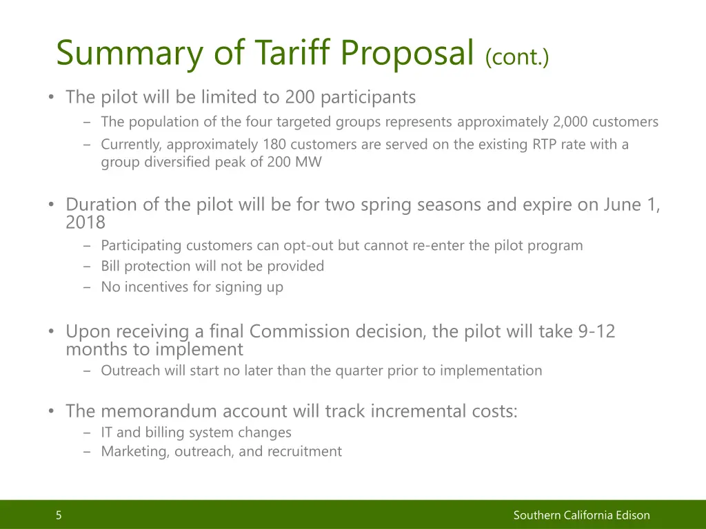 summary of tariff proposal cont