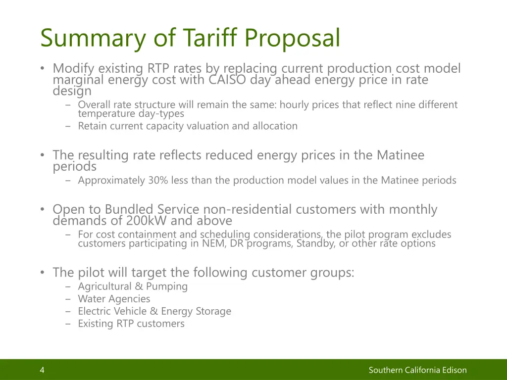 summary of tariff proposal modify existing