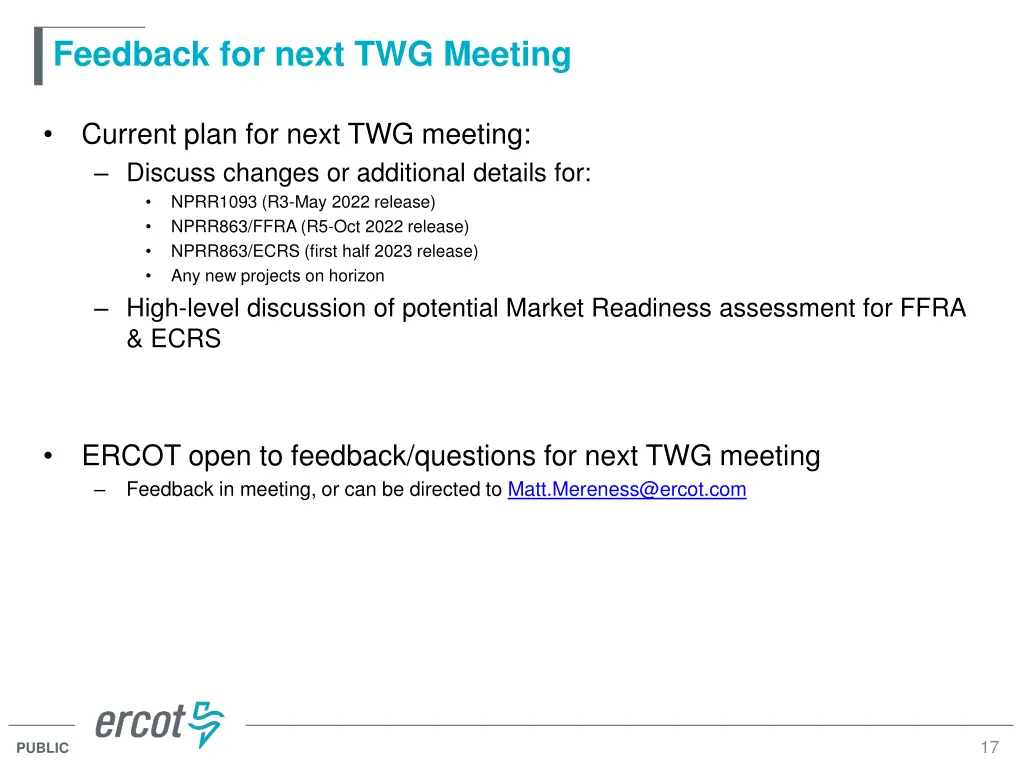 feedback for next twg meeting