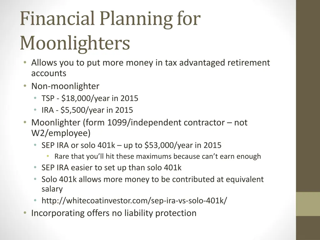 financial planning for moonlighters allows