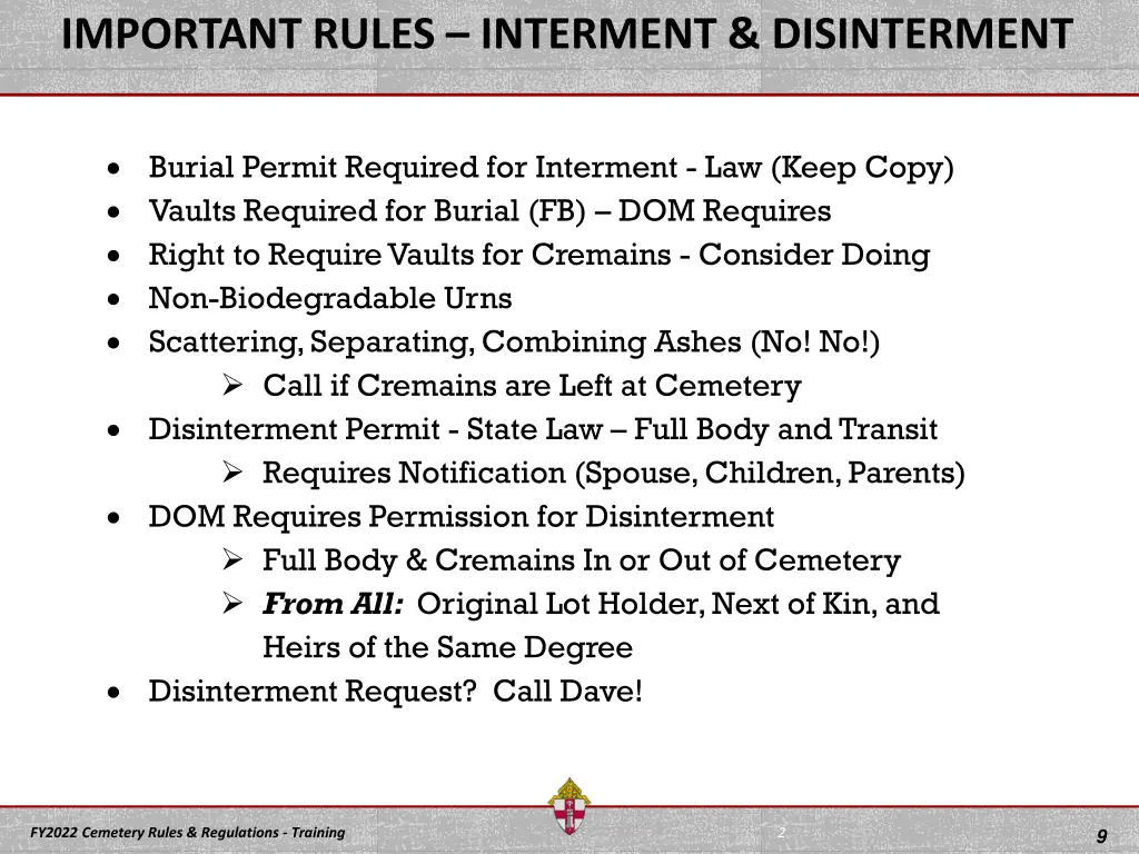 important rules interment disinterment