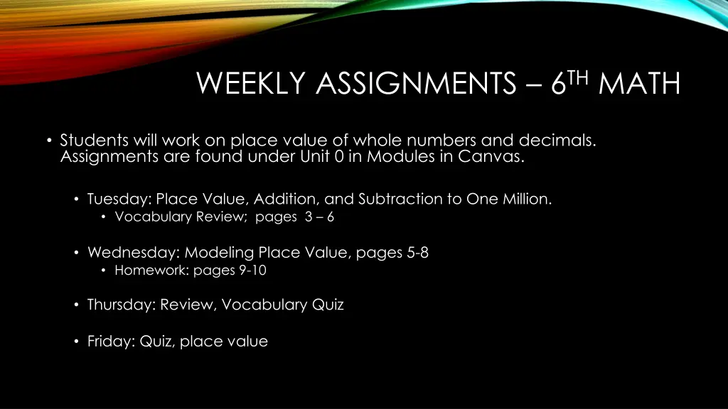 weekly assignments 6 th math
