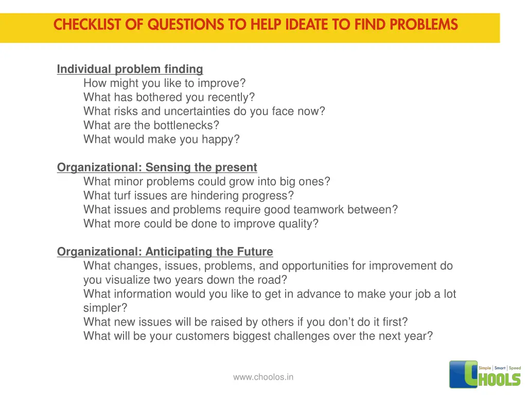 checklist of questions to help ideate to find