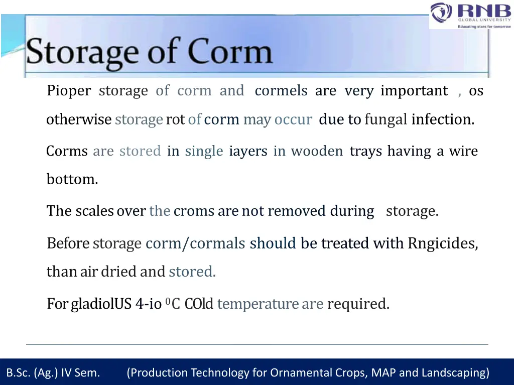pioper storage of corm and cormels are very