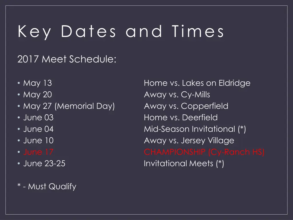 key dates and times 2
