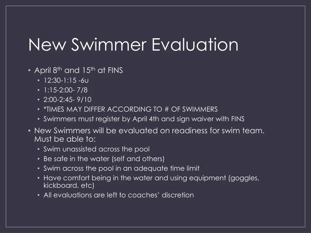 new swimmer evaluation