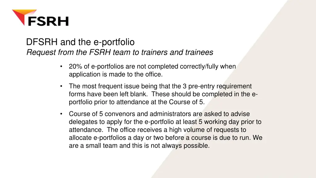 dfsrh and the e portfolio request from the fsrh