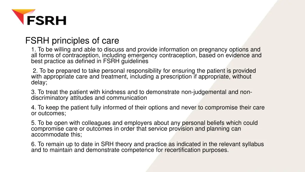 fsrh principles of care 1 to be willing and able