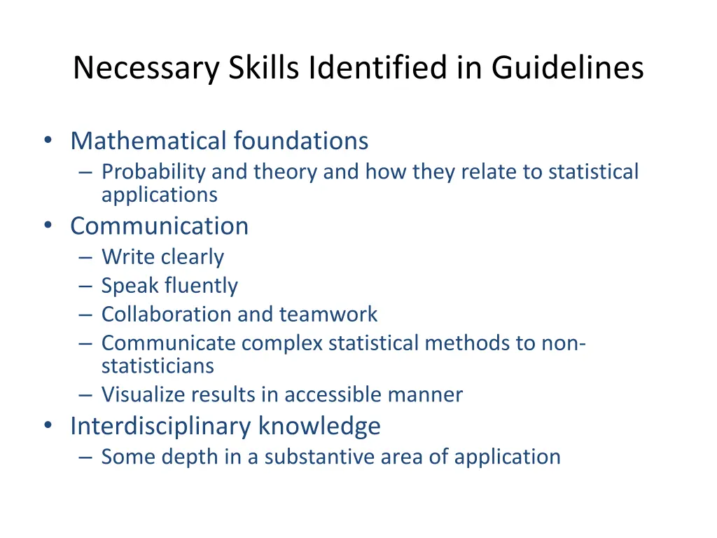necessary skills identified in guidelines