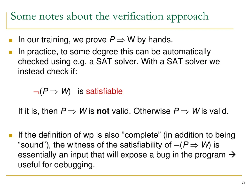 some notes about the verification approach