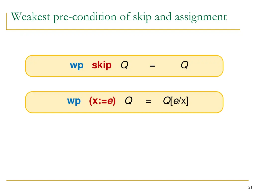 weakest pre condition of skip and assignment
