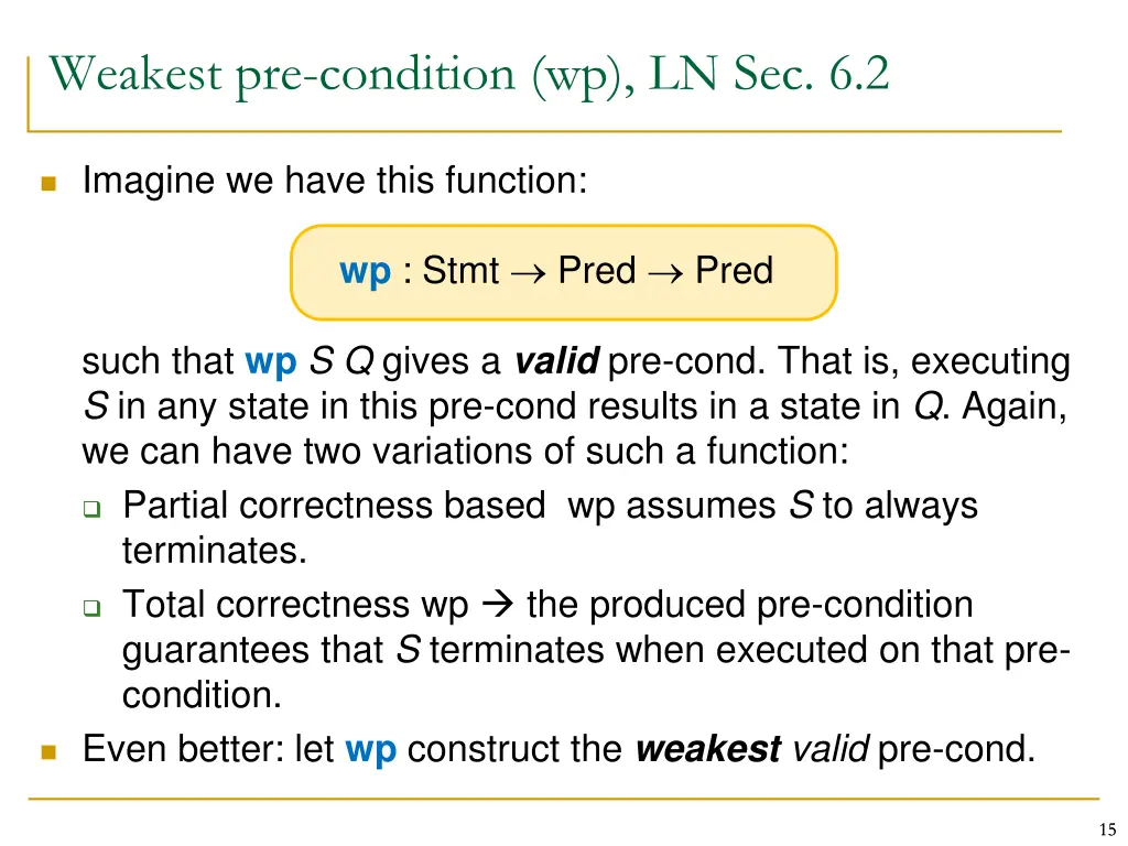 weakest pre condition wp ln sec 6 2
