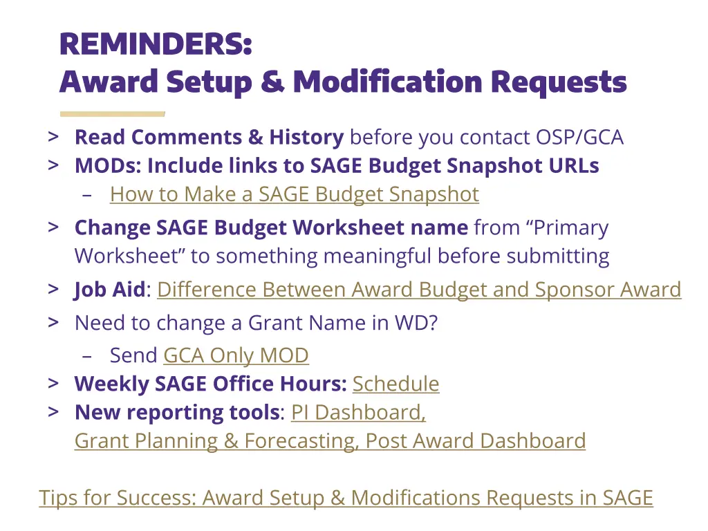 reminders award setup modification requests