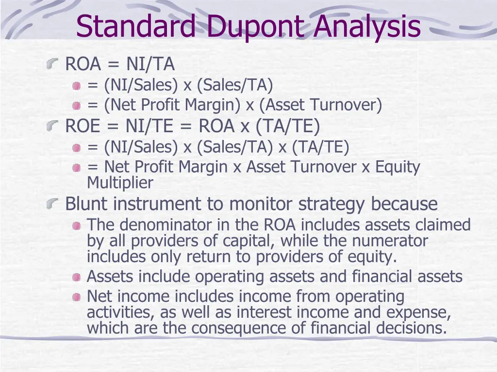 standard dupont analysis roa ni ta ni sales