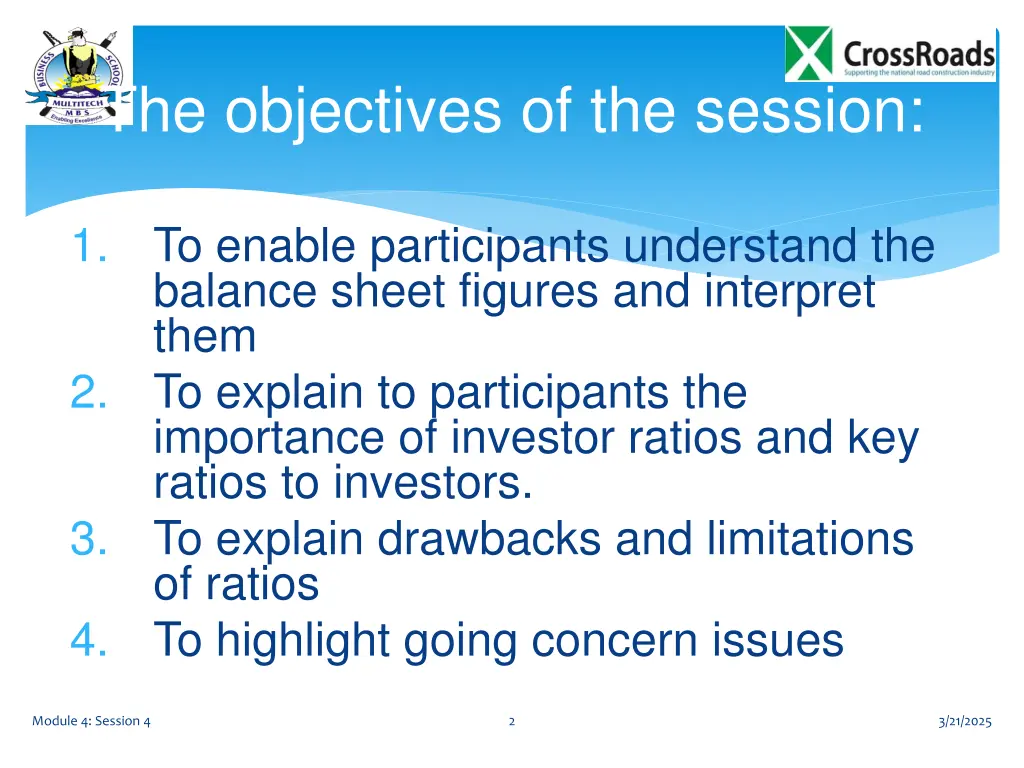 the objectives of the session