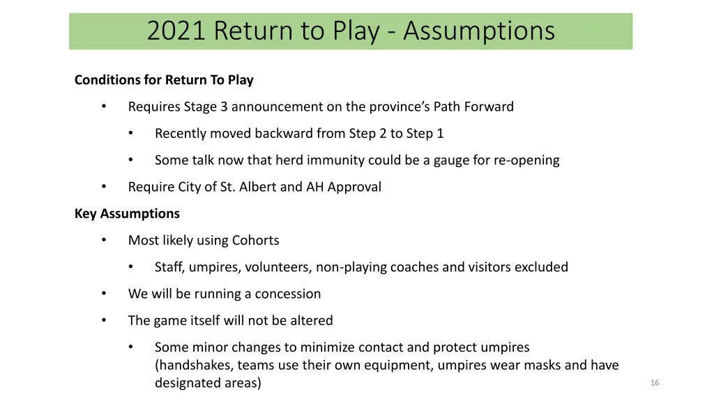 2021 return to play assumptions