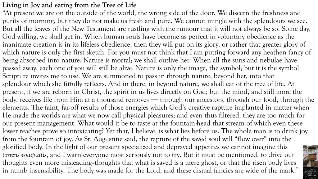living in joy and eating from the tree of life