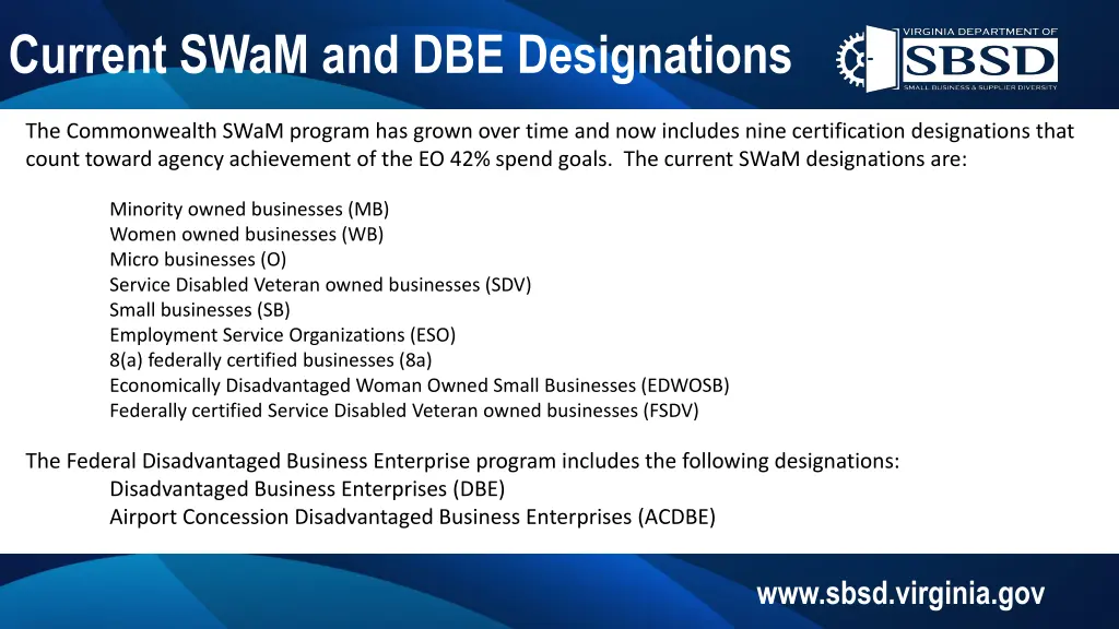 current swam and dbe designations