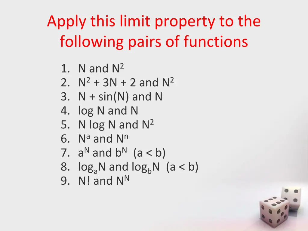 apply this limit property to the following pairs