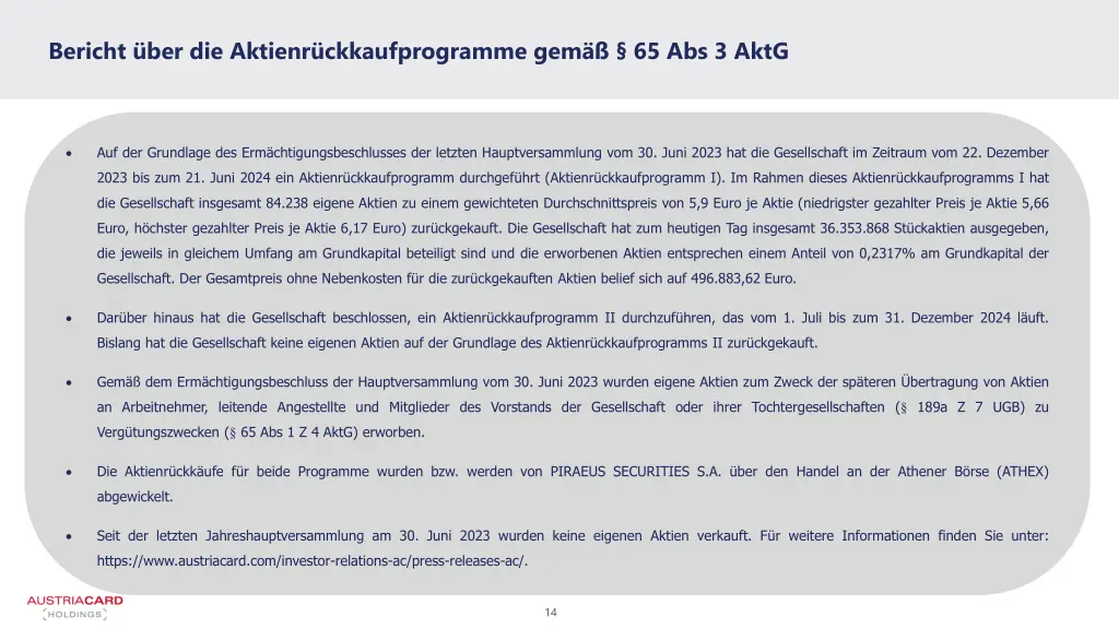 bericht ber die aktienr ckkaufprogramme