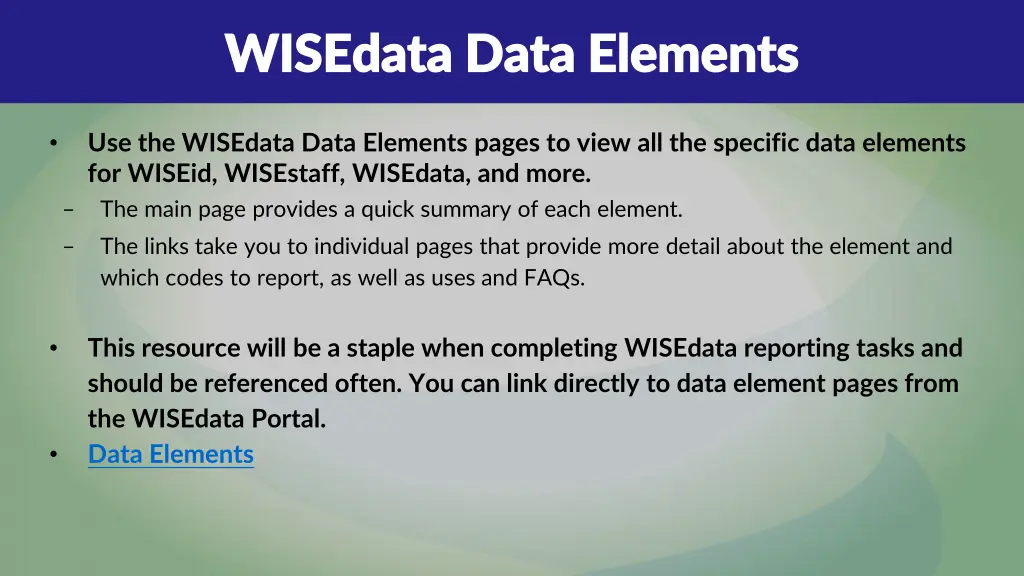 wisedata data elements wisedata data elements