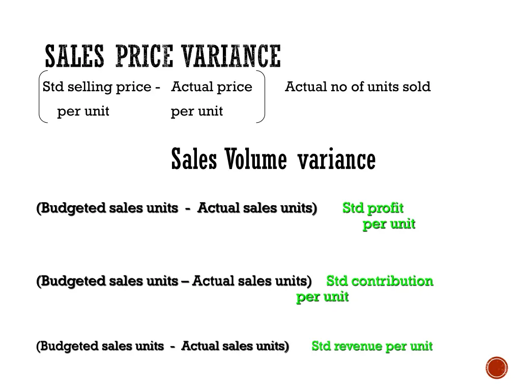 sales price variance std selling price actual